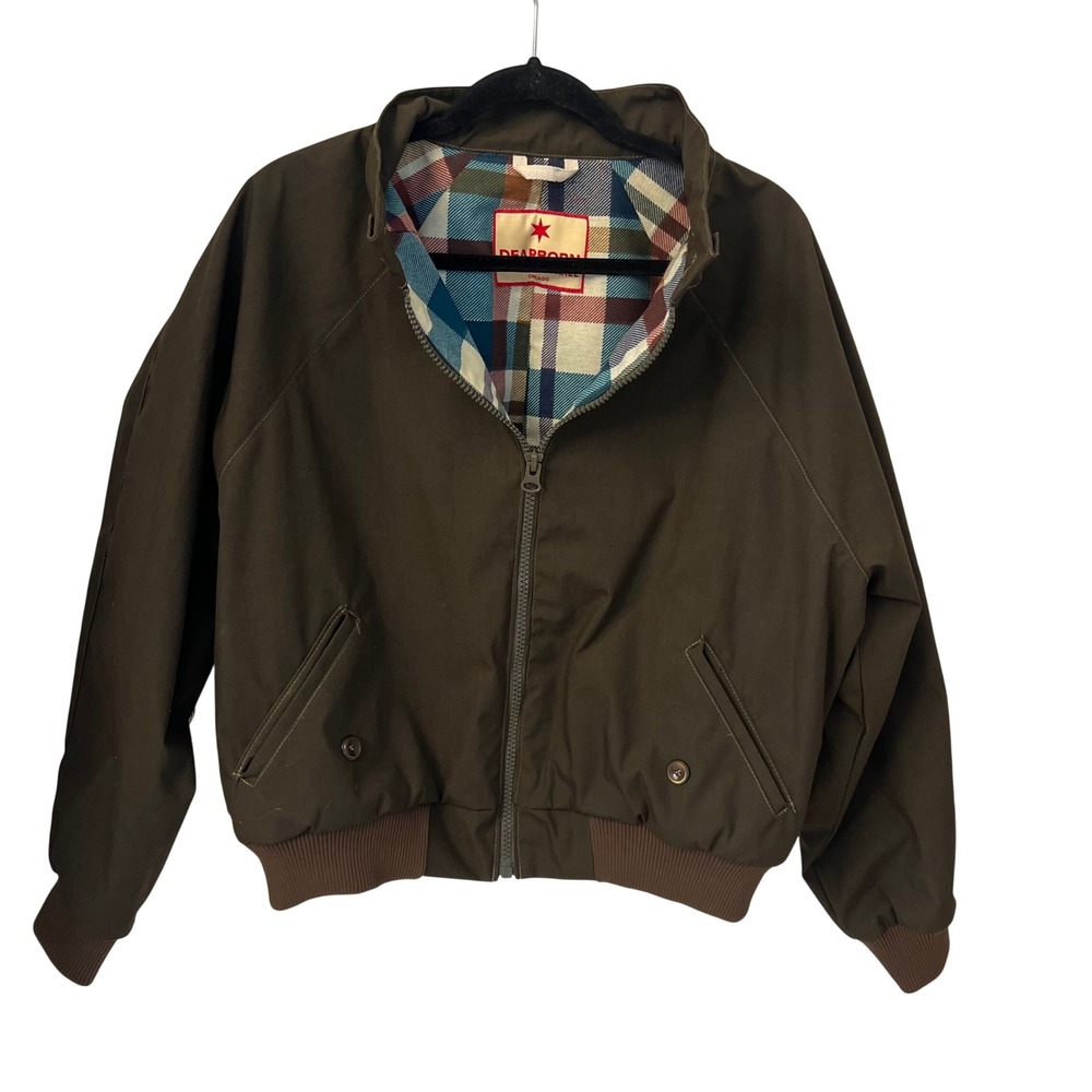 Dearborn Harrington Jacket NWOT Olive Brown Plaid Lined. Made in USA. Mens Large